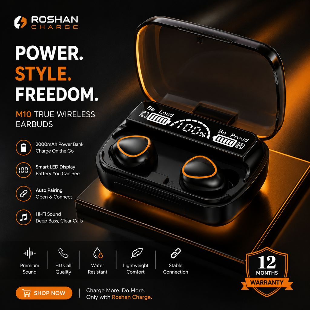 M10 Wireless Earbuds – LED Display + 2000mAh Power Bank | All-Day Audio