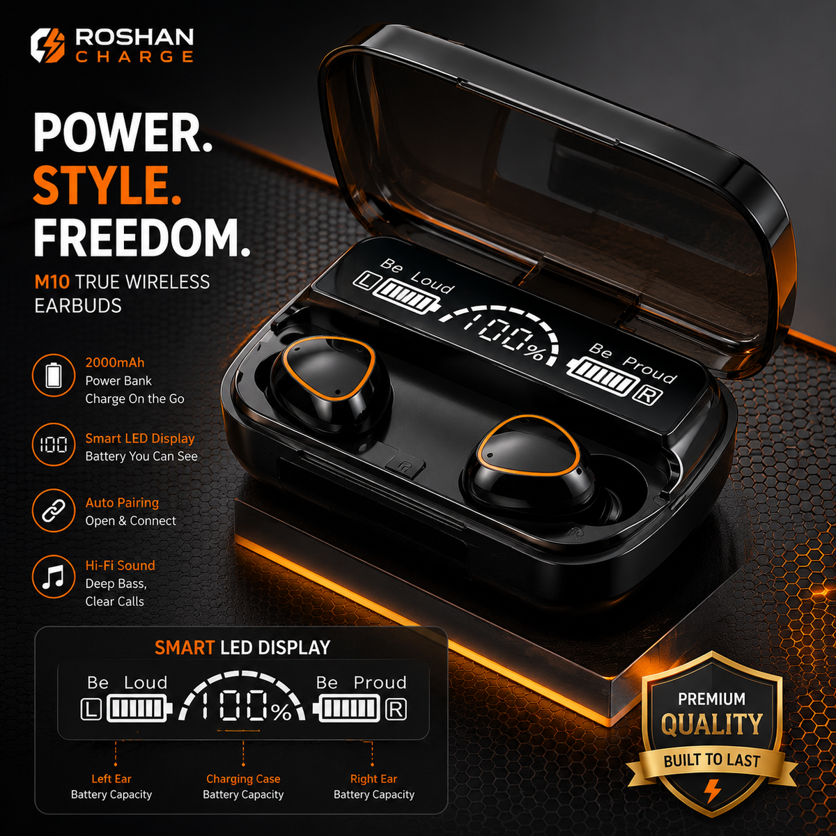 M10 Wireless Earbuds – LED Display + 2000mAh Power Bank | All-Day Audio