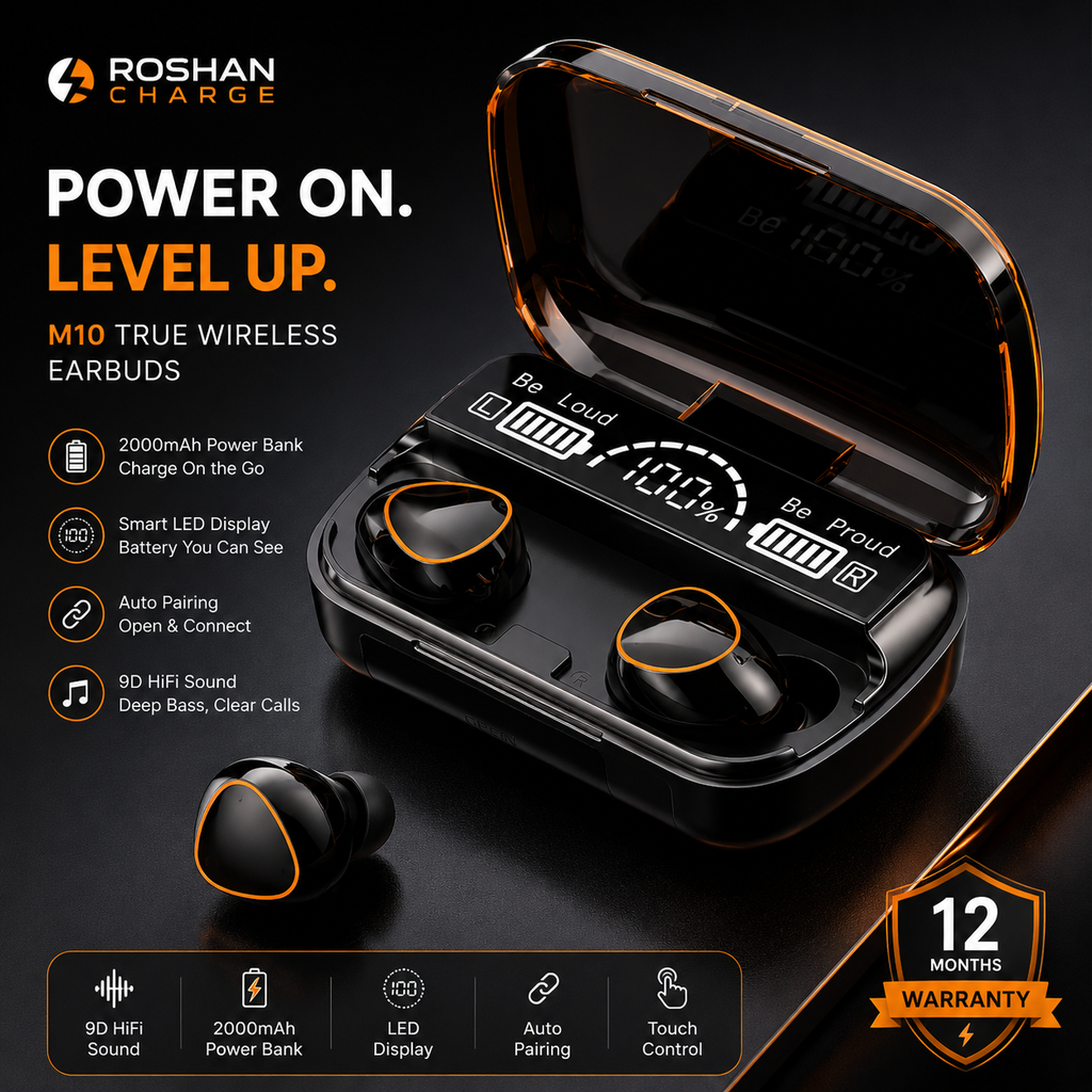 M10 Wireless Earbuds – LED Display + 2000mAh Power Bank | All-Day Audio