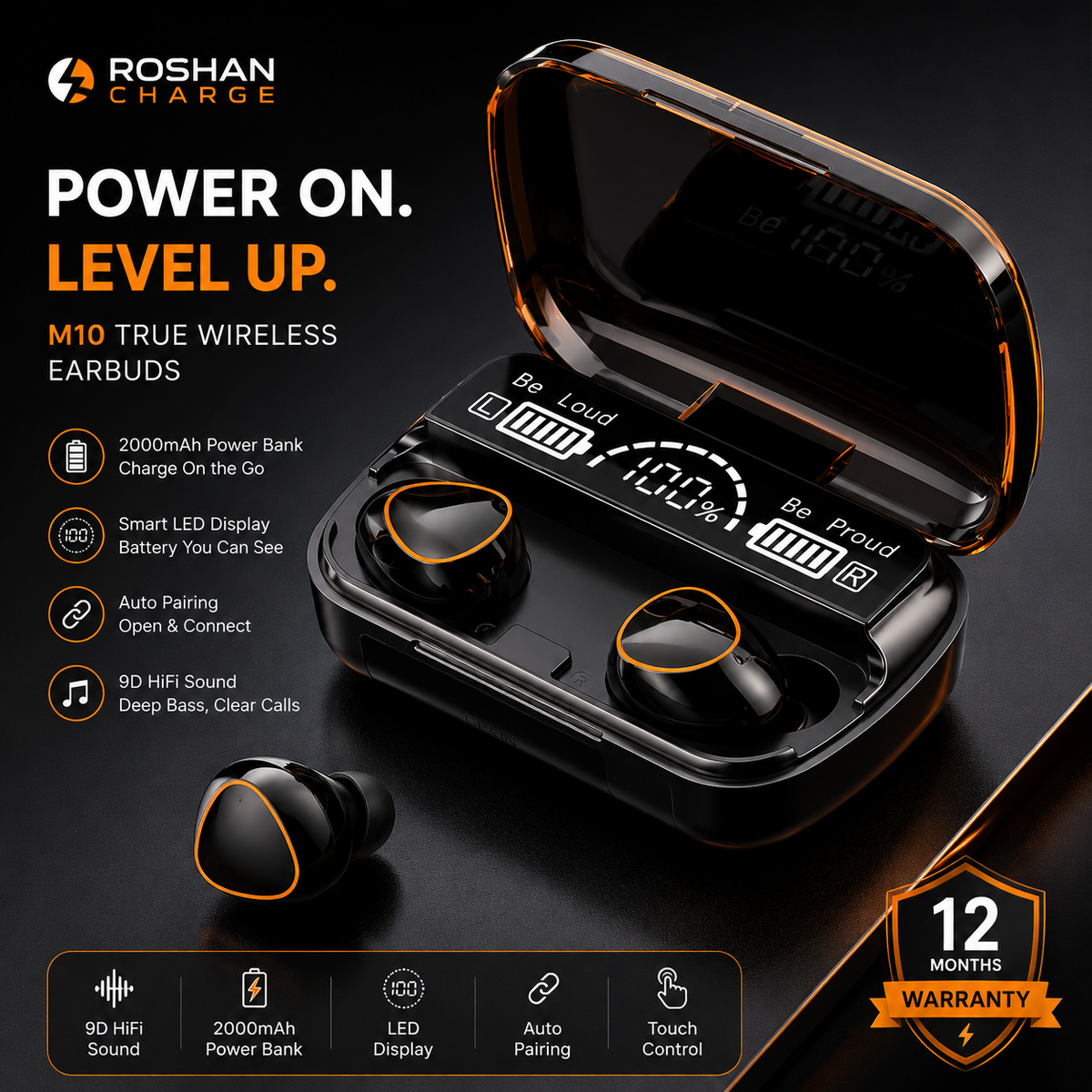 M10 Wireless Earbuds – LED Display + 2000mAh Power Bank | All-Day Audio