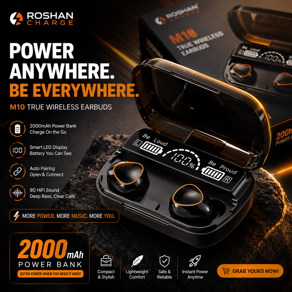 M10 Wireless Earbuds – LED Display + 2000mAh Power Bank | All-Day Audio