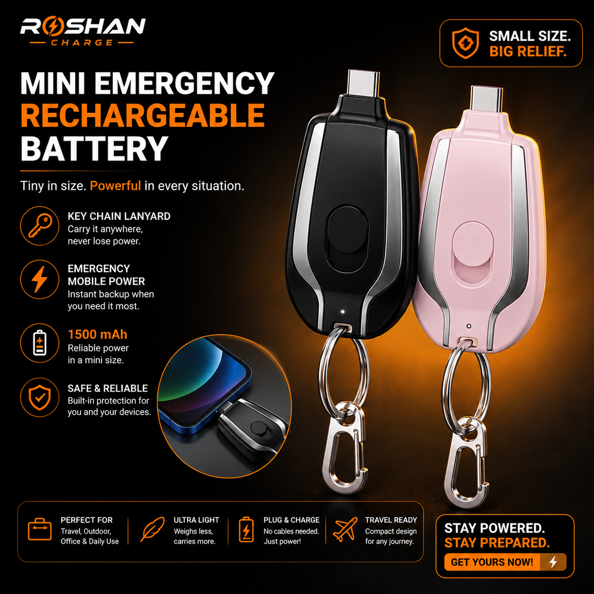 Fast Charging Keychain Power Bank Black