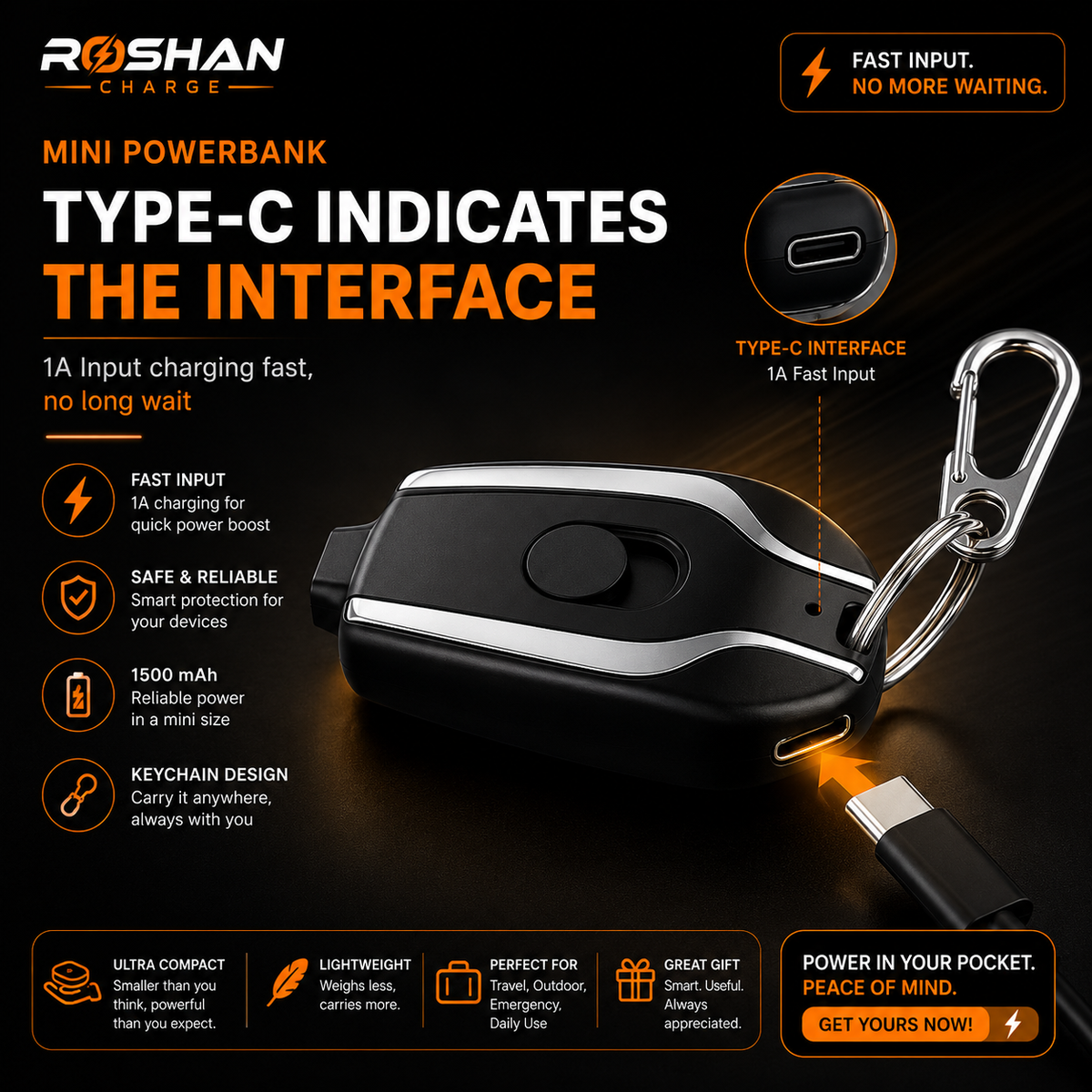 Fast Charging Keychain Power Bank Black