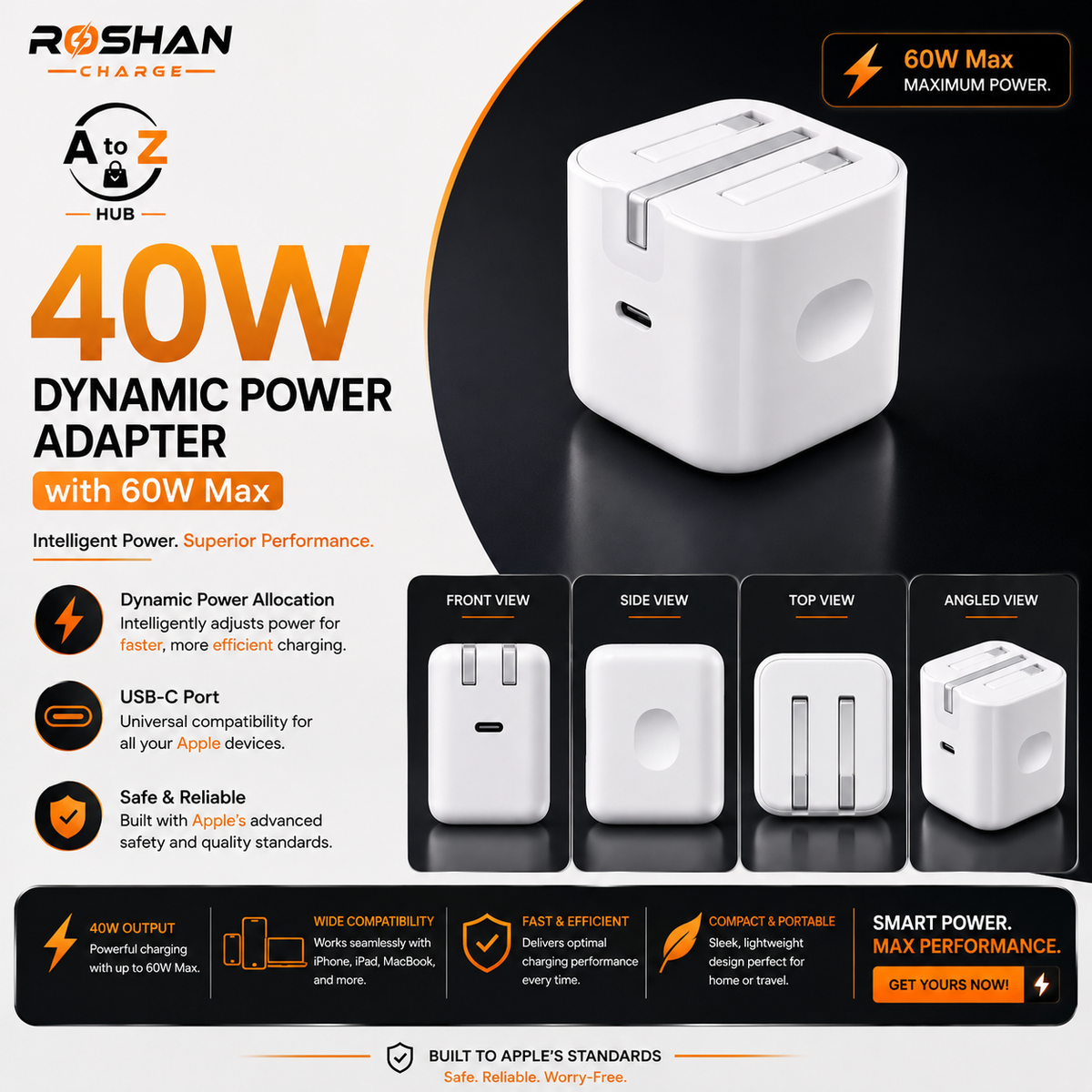 Apple Original 40W USB-C Fast Charger – Up to 60W Max Power for iPhone, iPad & MacBook