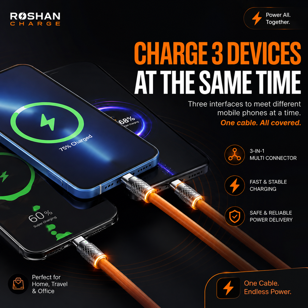 120W 3-in-1 Fast Charging Cable – Type-C, Lightning & Micro USB | Orange