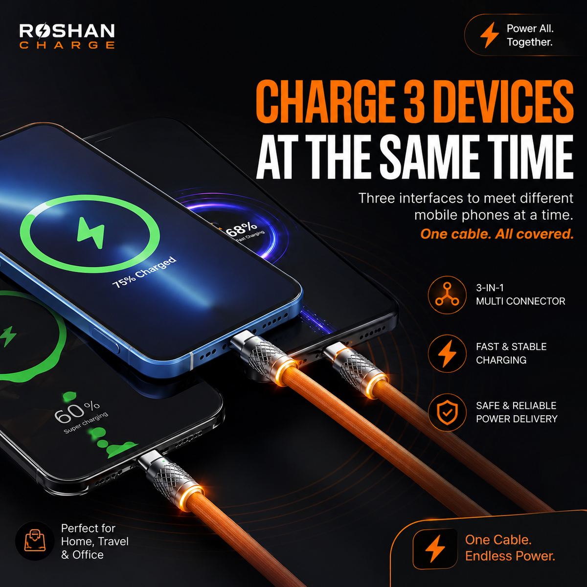 120W 3-in-1 Fast Charging Cable – Type-C, Lightning & Micro USB | Orange