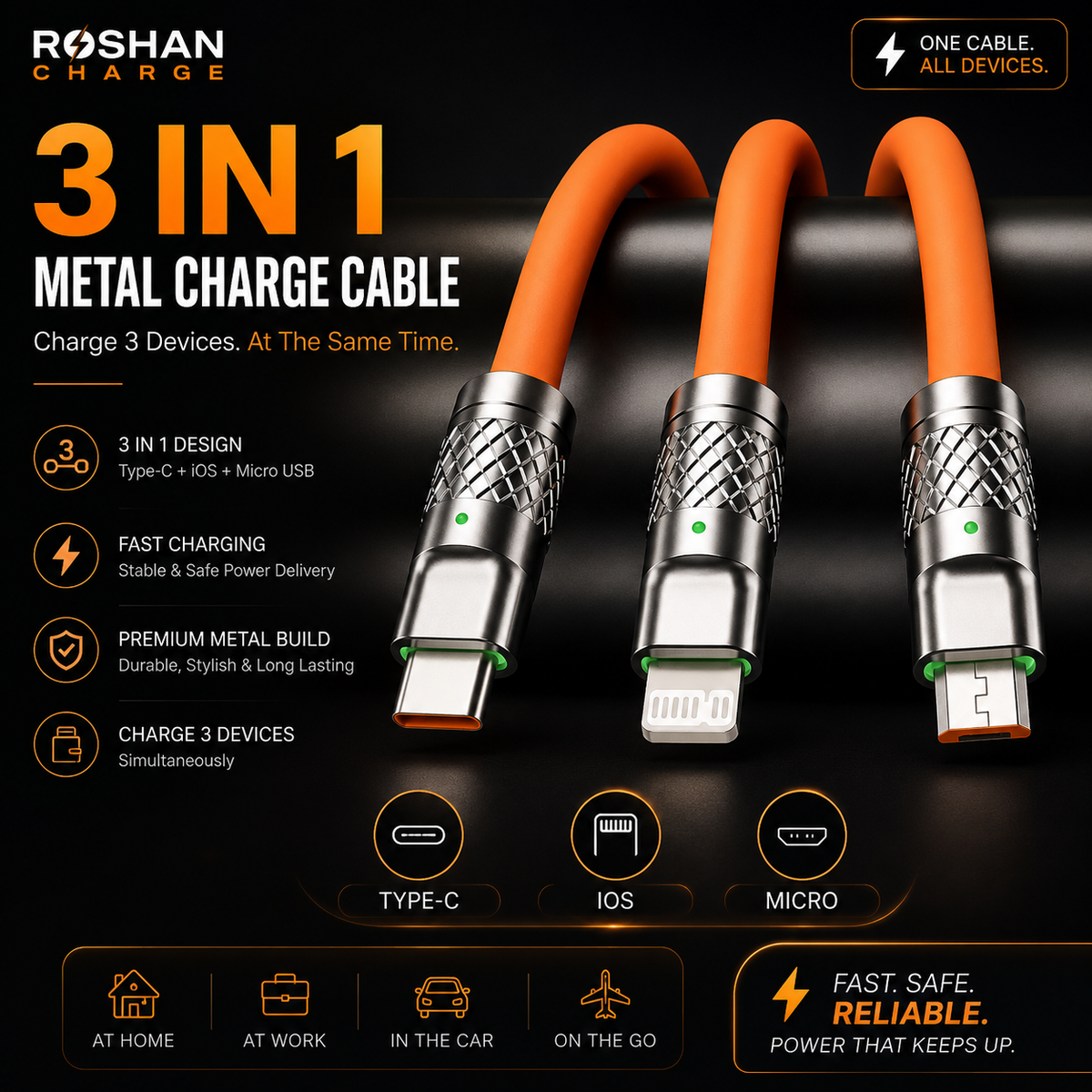 120W 3-in-1 Fast Charging Cable – Type-C, Lightning & Micro USB | Orange