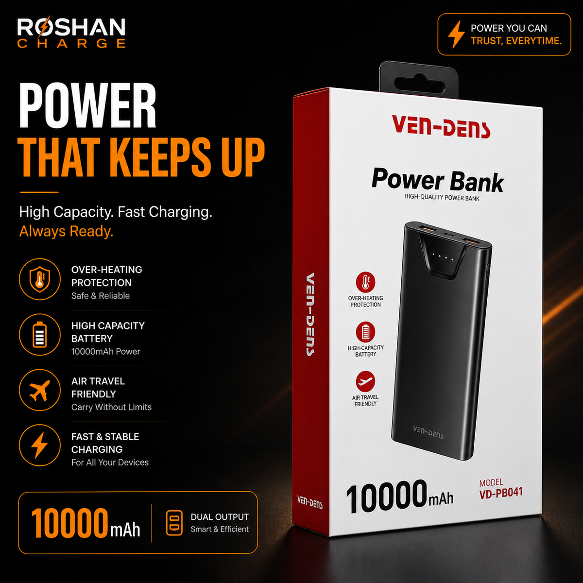 VEN-DENS 10000mAh Portable Power Bank with Charging Cable – Compact Fast Charging Battery Backup