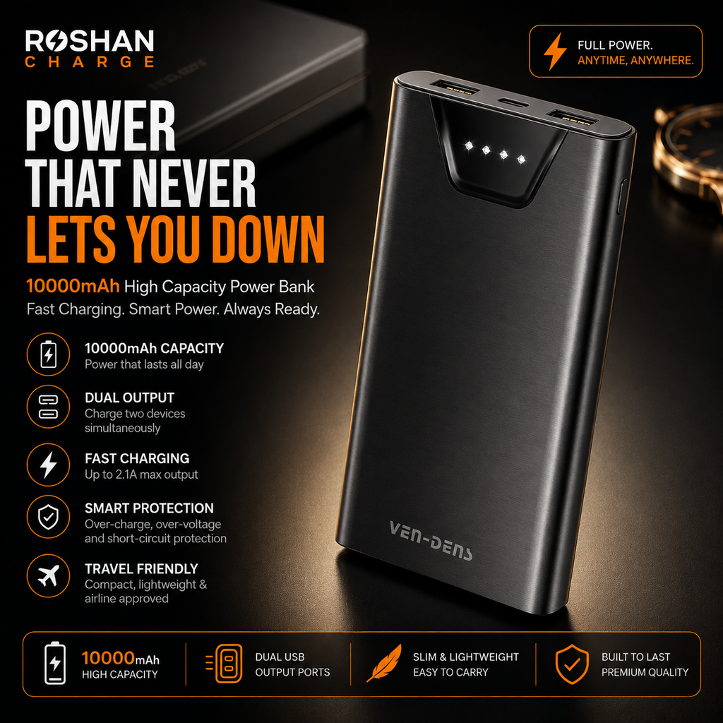 VEN-DENS 10000mAh Portable Power Bank with Charging Cable – Compact Fast Charging Battery Backup