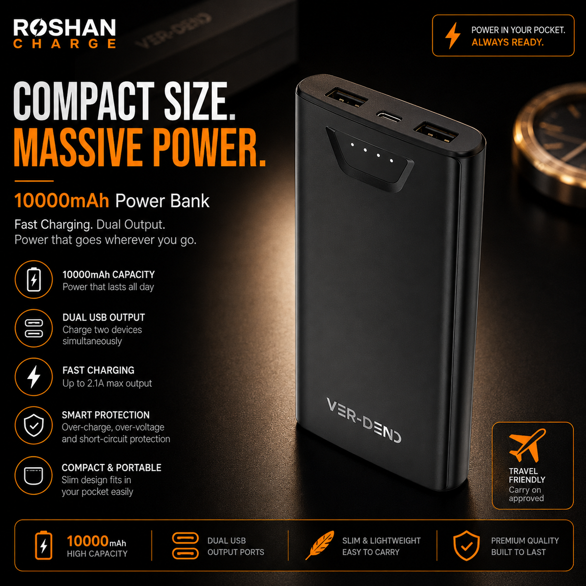 VEN-DENS 10000mAh Portable Power Bank with Charging Cable – Compact Fast Charging Battery Backup