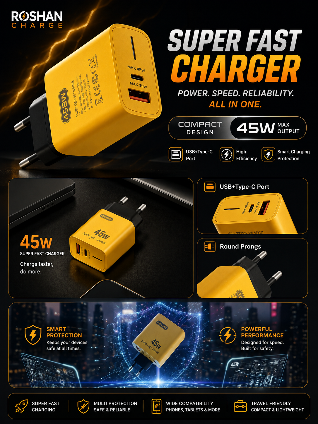 120W 4-Port Fast Charging Wall Adapter  4-in-1 USB Quick Charge Power Plug