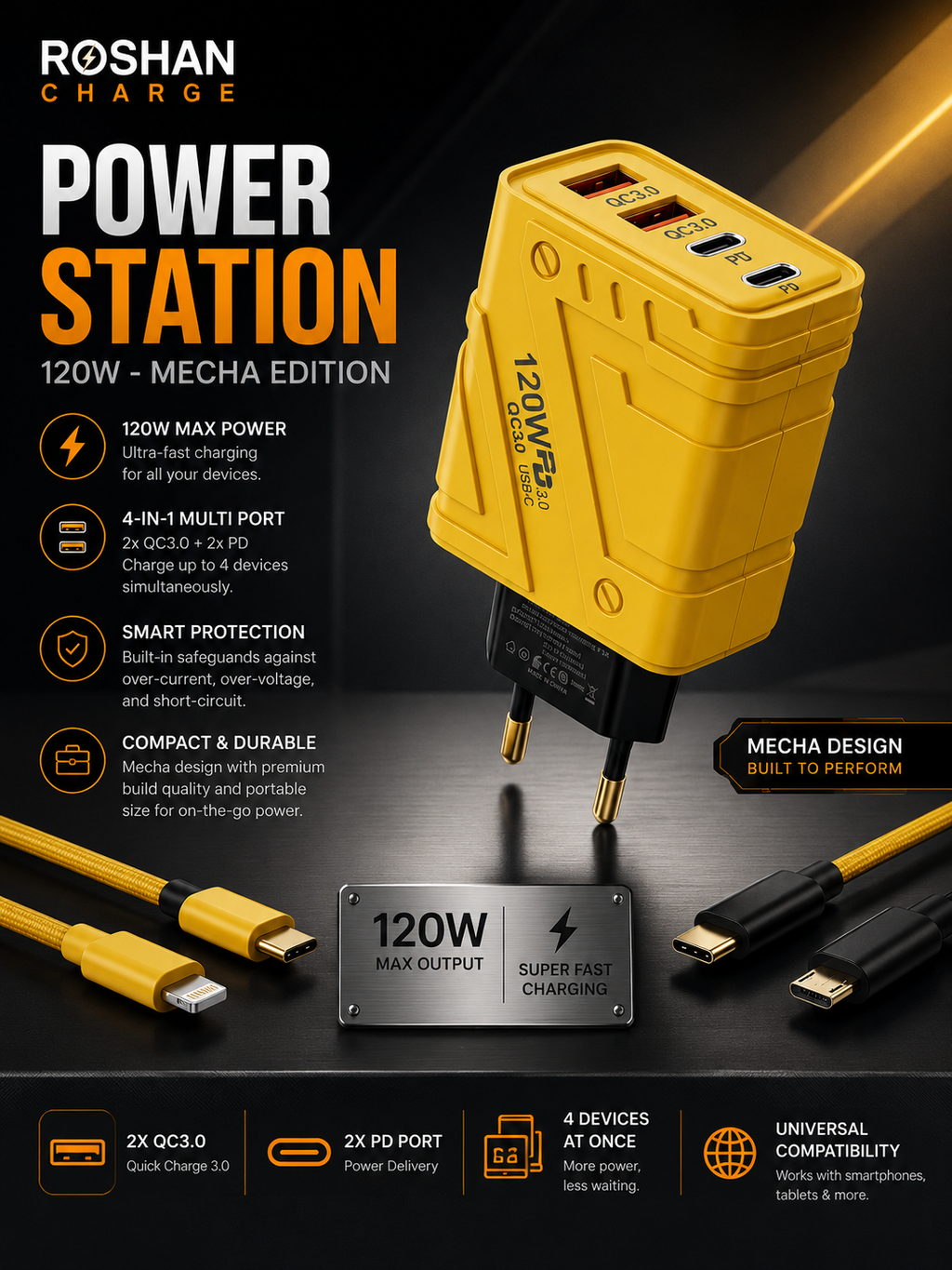 120W 4-Port Fast Charging Wall Adapter  4-in-1 USB Quick Charge Power Plug