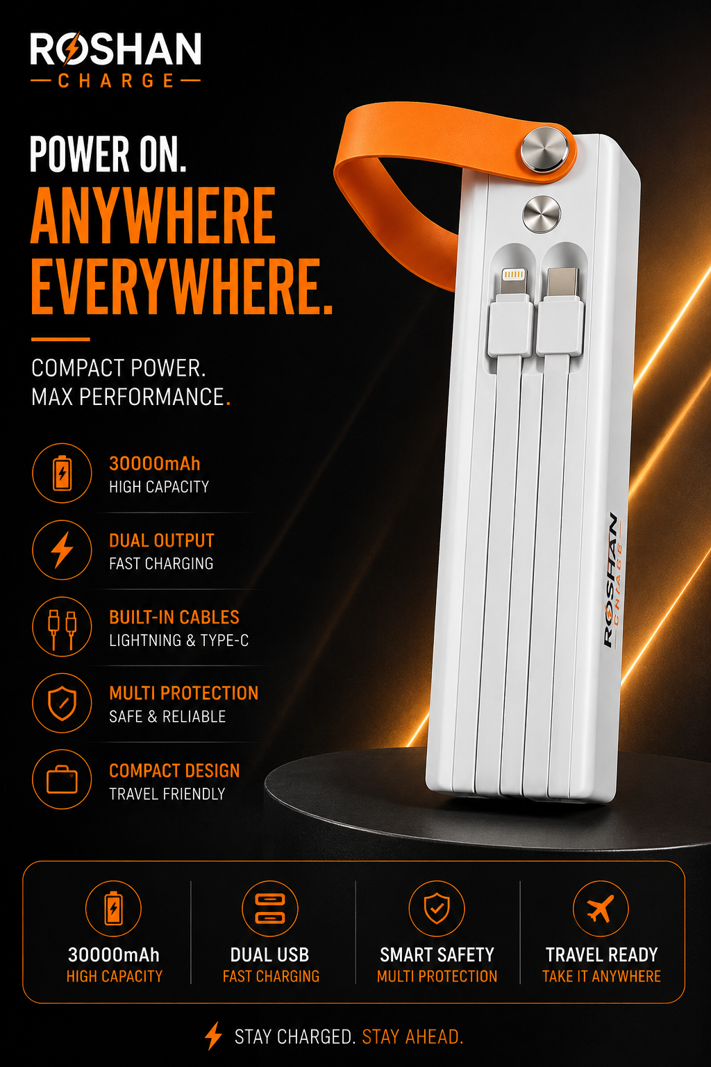 30000mAh Power Bank  3-Device Fast Charging with 2 USB-C & 1 USB-A Ports